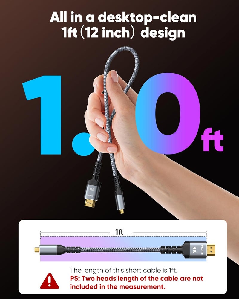 Highwings 4K Micro HDMI to HDMI Cable 1 FT, 4K@60Hz HDR, Micro HDMI Cord Compatible for DSLR Camera, Raspberry Pi, GoPro Hero to TV, Laptop, Computer, Monitor, for Video, Audio, Image, Streaming - Image 2